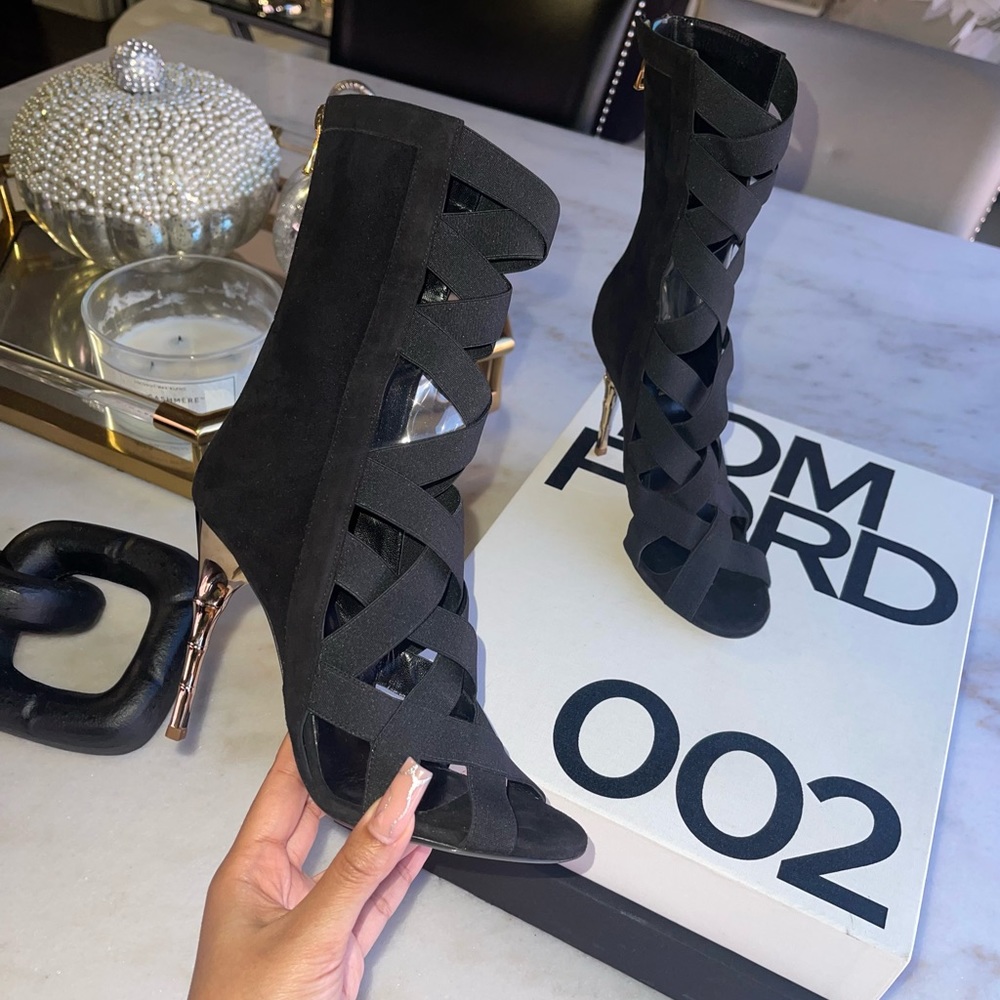 New Balmain Tali Black Peep-Toe Lattice Suede Stiletto Booties Womens 36 NWOT